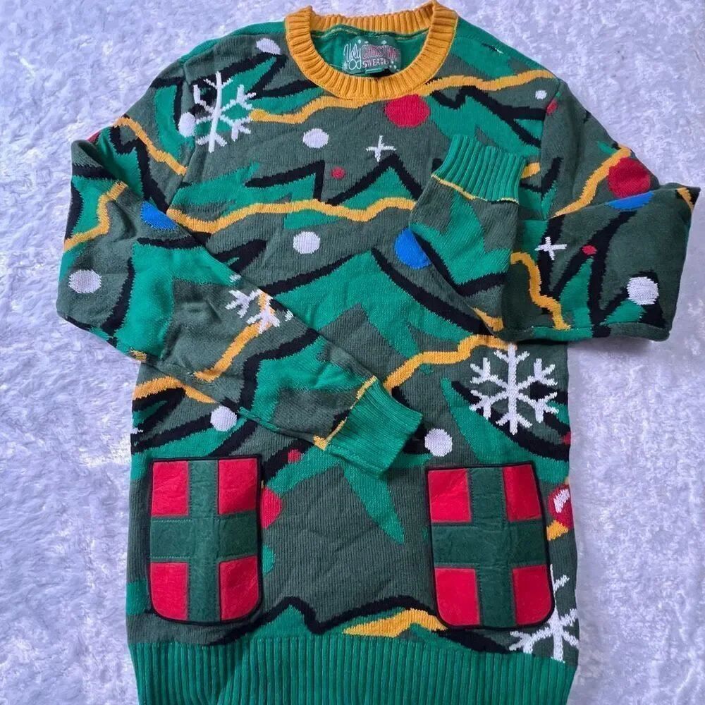 Ugly Christmas Sweater Womens Green Christmas Tree Pockets Sweater Small NWOT